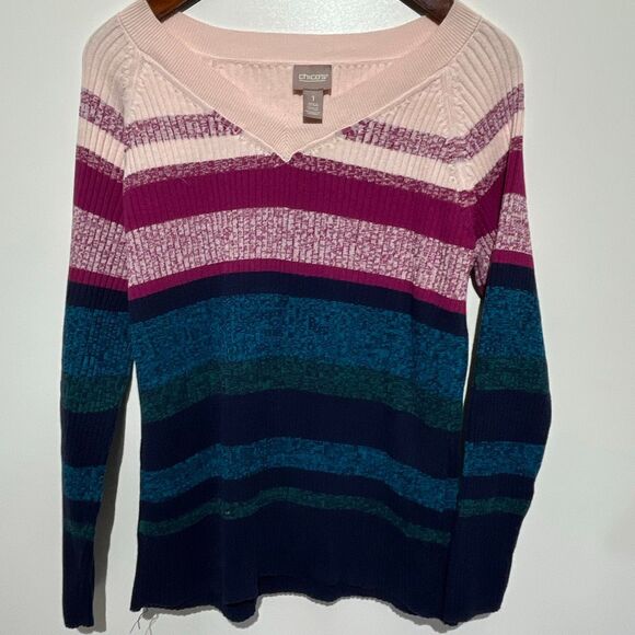 Chico's Women's Multicolor Colorblock Knitted V-Neck Pullover Sweater Medium - Picture 2 of 12